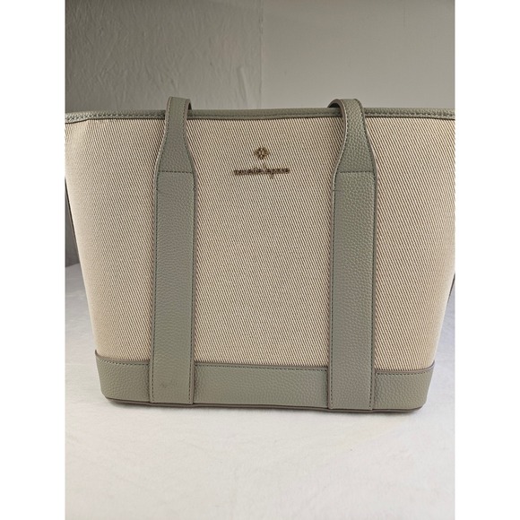 Nanette Lepore Handbags - Nanette Lepore Canvas Tote Bag Sage Green Pebbled Trim Shoulder Bag Gold Hardwar